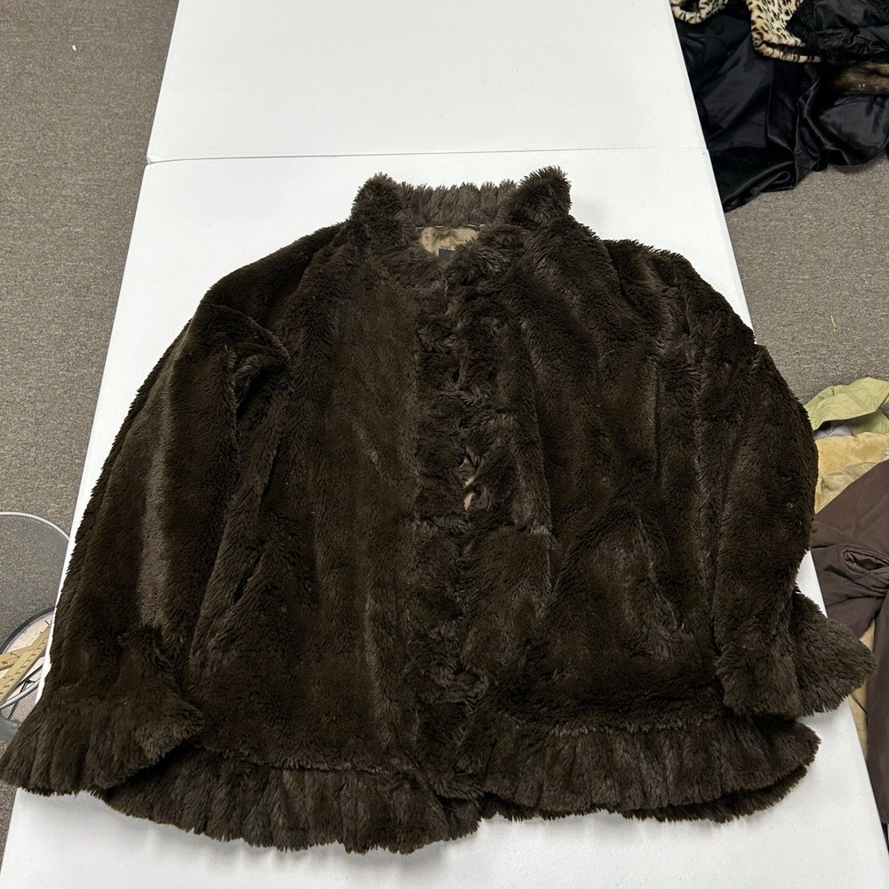 Damselle Faux Fur Jacket Womens Large Brown Ruffle Hem Hook Closure E1